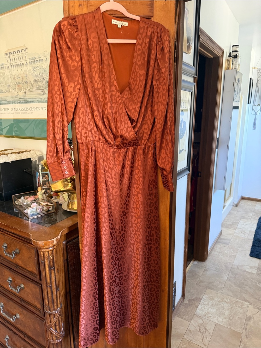 Favorite Daughter Rust Brown Leopard-Print Long Sleeve Wrap Midi Dress
